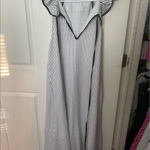 Ruffled collar black and white striped maxi dress